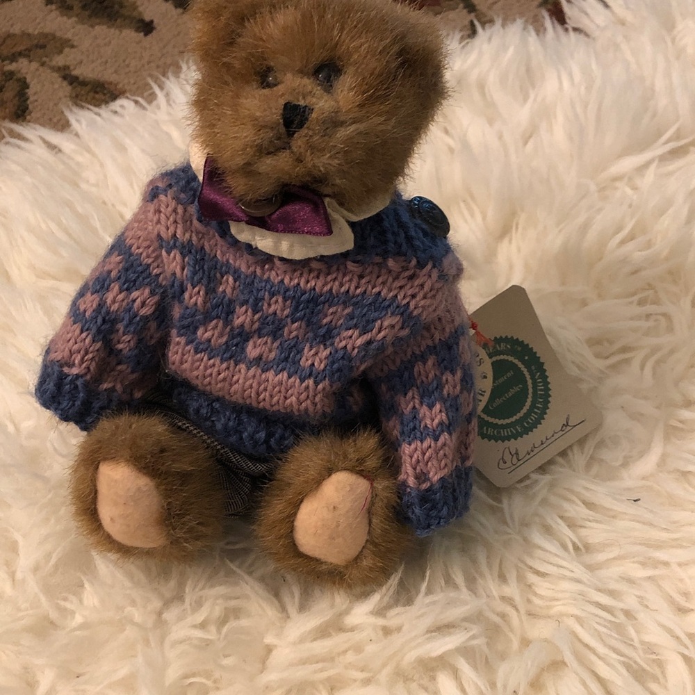 Plush Brown Teddy Bear in Pink & Blue Knit Sweater